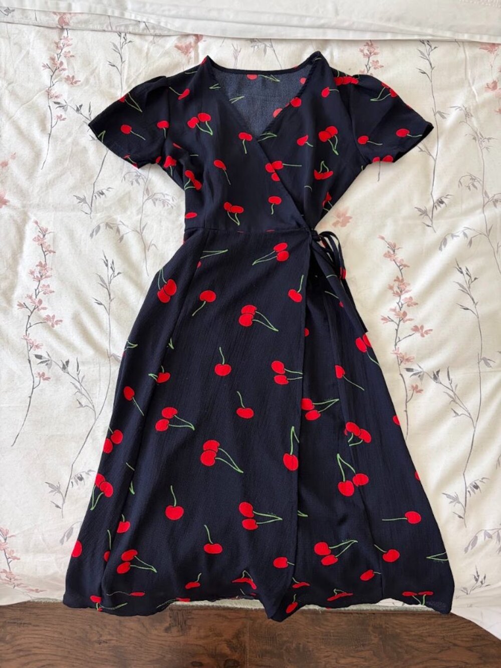 Unbranded Short-sleeve V-neck Wrap Dress, Navy Cherry Print- Fits Sizes XS-S